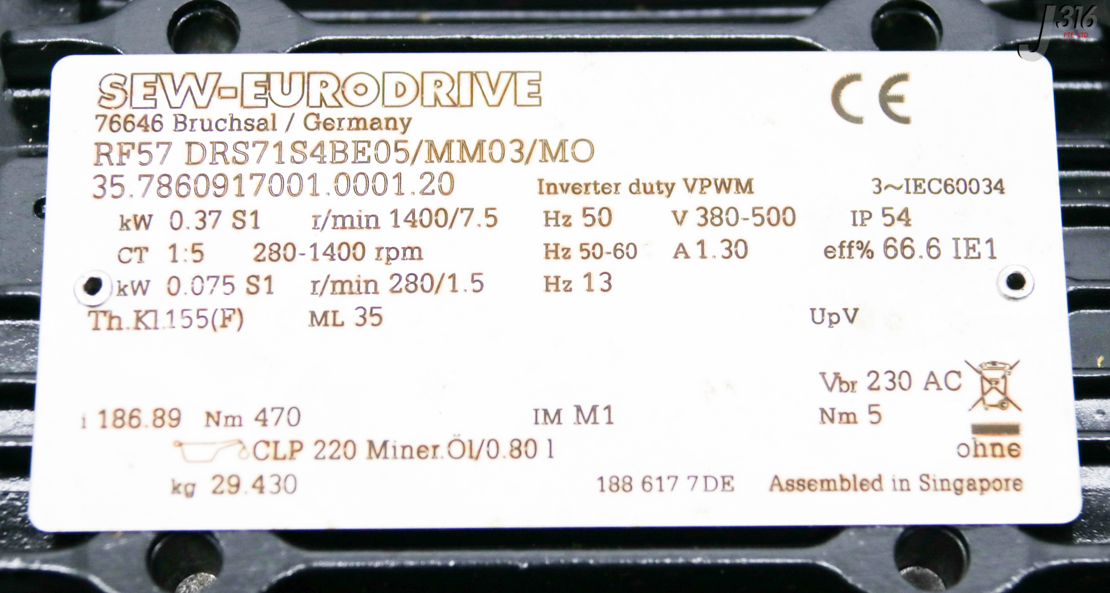 33807 SEW-EURODRIVE GEARMTR ASSY, MOVIMOT, MM03D-503-00 RF57